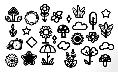 vector kid cartoon elements (solid fill) on white background. hand drawn cartoon or doodle sketch childish element set. vector cartoon elements set