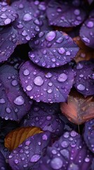
Close-up of vibrant purple leaves covered in water droplets, creating a rich and textured visual effect with a natural, fresh appearance
