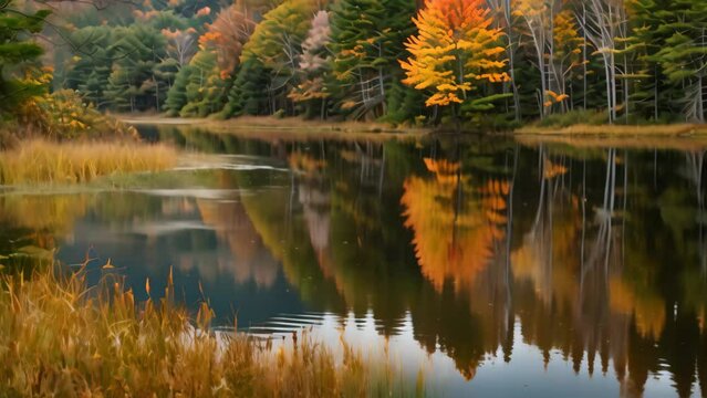 A serene lake reflecting autumn hues, surrounded by trees and lush green grass, A serene lake reflecting autumn hues