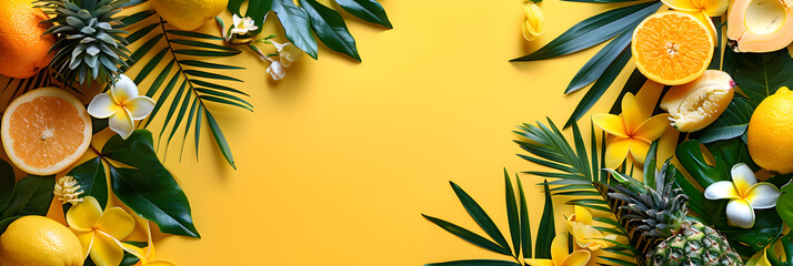 Naklejka premium Summer yellow background with palm leaves and tropical fruits. Banner, copy space