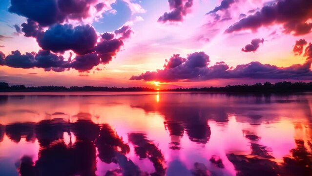 A colorful sunset reflecting on a serene lake, with clouds in the sky, A serene lake reflecting the colors of a vibrant sunset