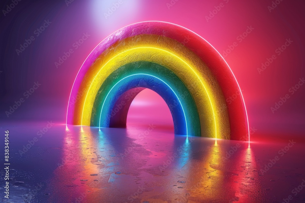 Poster Glowing rainbow arch on a dark background symbolizing magic and joy in a vibrant and dynamic digital illustration