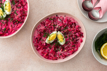 Summer cold beetroot soup made from beets, radishes, cucumbers, potatoes and herbs, garnished with egg, a refreshing summer lunch