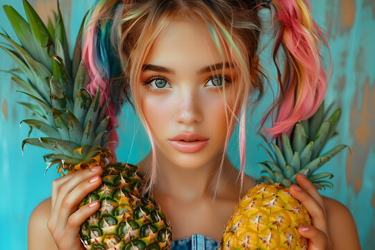 Young girl with colored hair and pineapples on a colored background