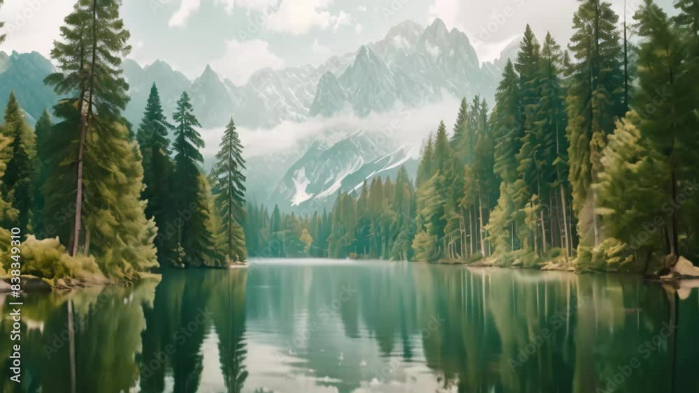 Poster a body of water nestled amidst towering trees and mountains in a picturesque setting, a serene lake 