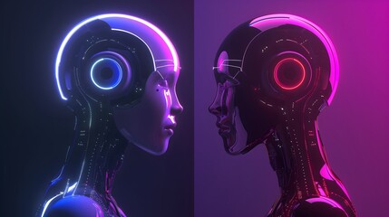 Fototapeta premium A digital rendering of two android heads facing each other in profile. The android on the left has blue and purple neon lights surrounding its head, while the android on the right has pink neon. AI.