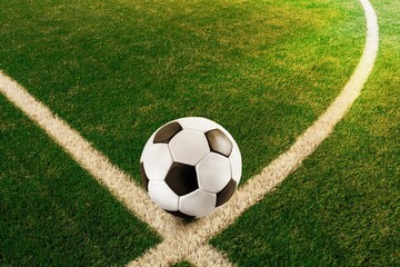 Classic soccer ball on green field in stadium