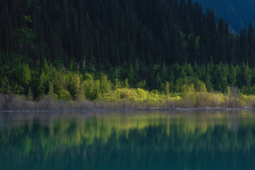 Trees and forest illuminated by the sun are reflected in the clear, turquoise and green water of a mountain lake in spring. Issyk Gorge Almaty, Kazakhstan