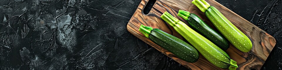 Zucchini on a wooden board on a black table. View from above. place for text