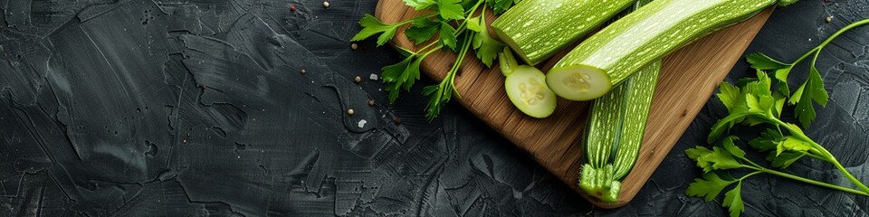 Zucchini on a wooden board on a black table. View from above. place for text