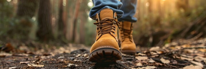 A pair of brown boots walk along a forest path, with the focus on the boots and their every step - Powered by Adobe