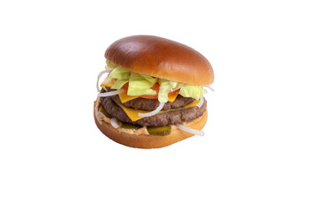 Double burger with lettuce, tomato and onion. transparent