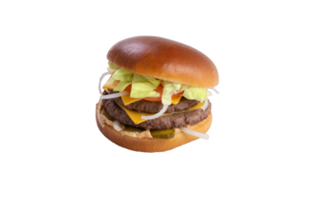Double burger with lettuce, tomato and onion. transparent