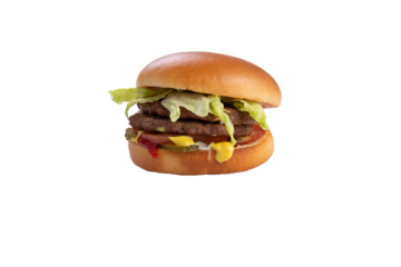 Double burger with lettuce, tomato and onion. transparent
