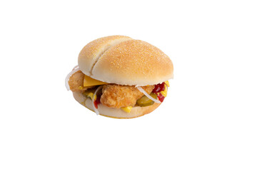 Burger with chicken strips, lettuce and cheese. transparent