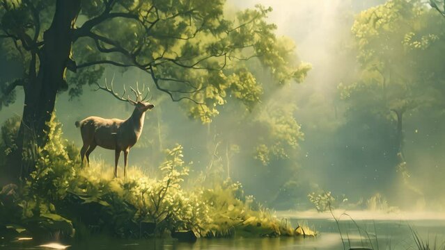 Majestic deer standing among trees in dense forest setting, A serene landscape featuring a majestic deer in a clearing