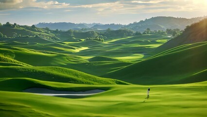 A view of a golf course set amidst rolling green hills, A serene landscape of rolling green hills and manicured fairways