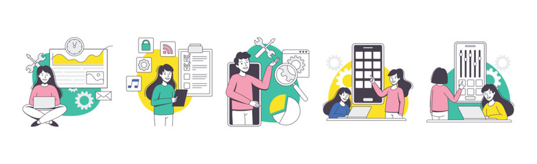 App Dev Professional Developing Software Application for Mobile Device Vector Set