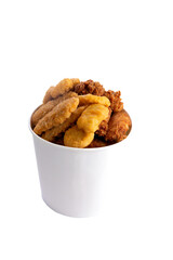 Fried chicken wings, strips and nuggets in a bucket. transparent
