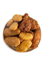 Fried chicken wings, strips and nuggets in a bucket. transparent