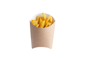 French fries in a cardboard cup. transparent