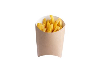 French fries in a cardboard cup. transparent