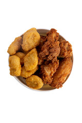 Fried chicken wings and nuggets in a bucket. transparent