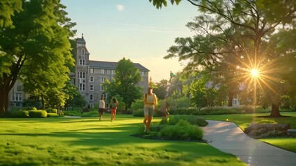 The sun sets over a grassy area on college grounds, A serene landscape of the college grounds at sunset