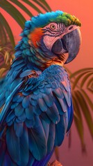 Fototapeta premium Blue And Orange Macaw Portrait Against Pink Background. Generative AI
