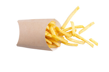 French fries in a cardboard cup. transparent