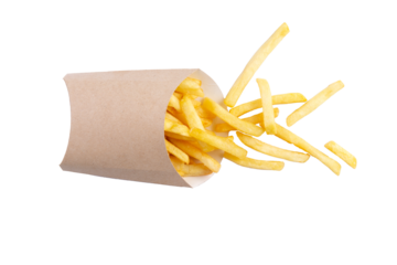 French fries in a cardboard cup. transparent