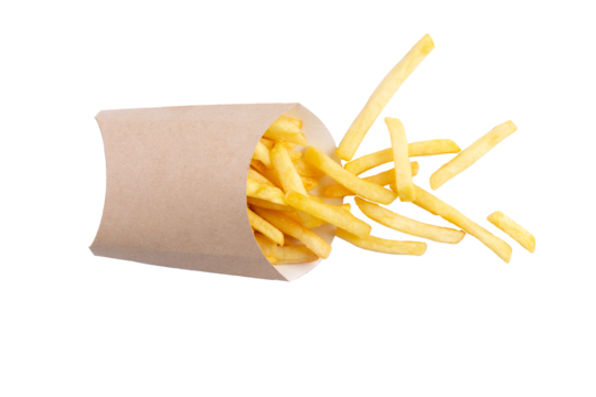 French fries in a cardboard cup. transparent