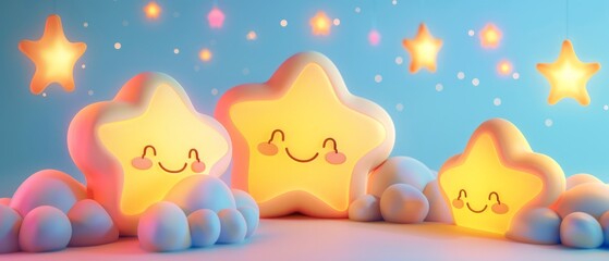 Naklejka premium Adorable Blue and Yellow Stars with Happy Faces on A Cloudy Sky Background. Perfect for nursery decor, children's wall art, Cute Background or baby shower invitations.