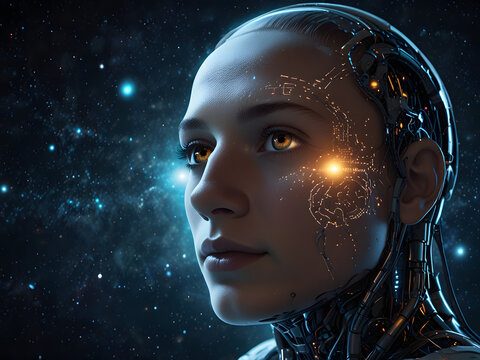 A curious explorer encounters a mysterious artificial intelligence while traveling through space. Interaction between traveler and artificial intelligence.