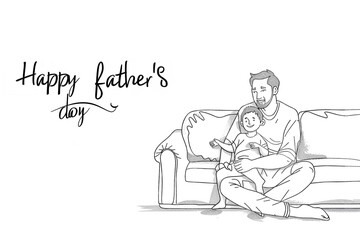 A single line vector illustration of a young father sitting and conversing with his son about his future goals. The idea behind "Happy Father's Day" greeting card featuring typography, Generative AI.