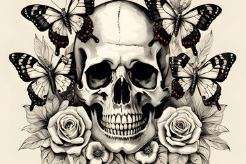 A black and white illustration of a skull with a rose on its forehead and butterflies around it. The style is reminiscent of black work tattoos.
