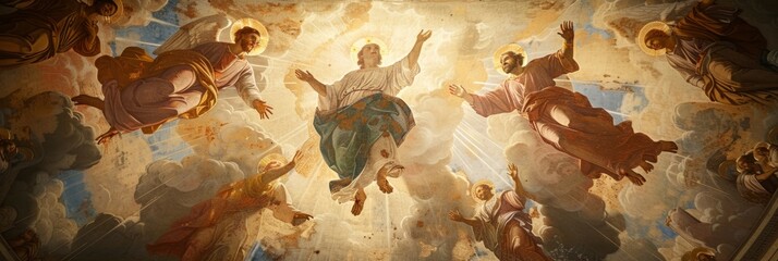 A religious fresco depicting Jesus ascension to Heaven, surrounded by angels and disciples, painted on the ceiling of Cathedral XzN