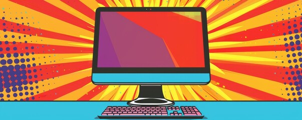 Pop art styled template with a sleek monitor and colorful abstract background