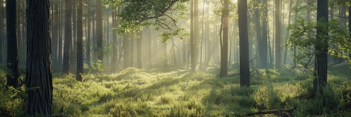 A peaceful scene of sunlight filtering through trees in a forest glade. The rays of light illuminate the lush greenery, creating a serene and tranquil atmosphere