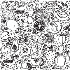 Monochrome Doodle Sketch of Various Fruits and Vegetables