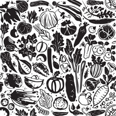 Monochrome Doodle Sketch of Various Fruits and Vegetables