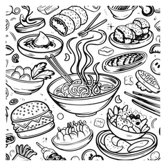 Monochrome Doodle Sketch of Various Fruits and Vegetables