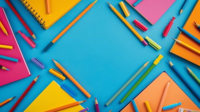 Vibrant back to school mockup with colorful stationery on a blue background
