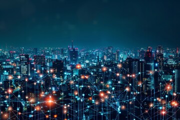 Fototapeta premium A smart city featuring a wireless network and a cityscape.notion of massive data connection technology.Nighttime cityscape with wireless network and connection technologies concept, Generative AI.