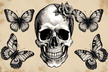 A black and white illustration of a skull with a rose on its forehead and butterflies around it. The style is reminiscent of black work tattoos.

