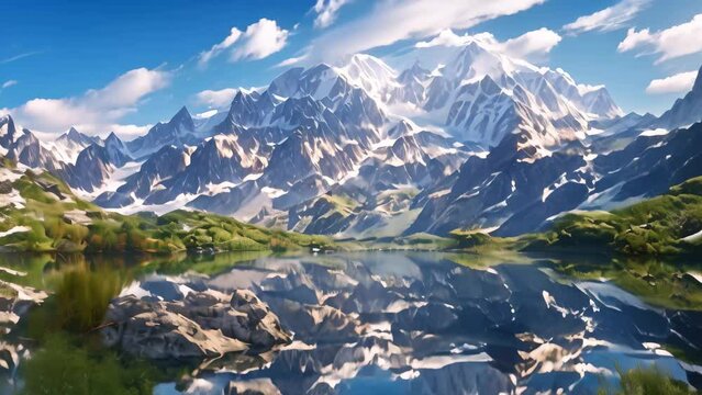 Painting of a towering mountain range overlooking a crystal-clear lake in the foreground, A serene mountain landscape with a crystal-clear lake reflecting the snow-capped peaks in the background