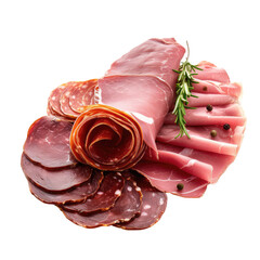 Delicous cured meat slices with rosemary and peppercorns isolated on transparent background