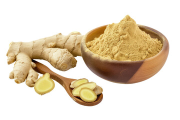 Dried ginger root and ginger powder in wooden bowl isolated on transparent background
