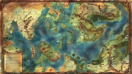 Fototapeta premium Captivating Fantastical World Map Revealing Enchanting Landscapes and Uncharted Territories