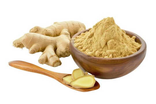Fresh and dried ginger. Whole and grated ginger root with wooden spoon isolated on transparent background